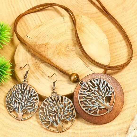 Necklace & Earrings 3pc Set Tree of Life Leather Dangle Boho Hippie Bronzed - Picture 3 of 4
